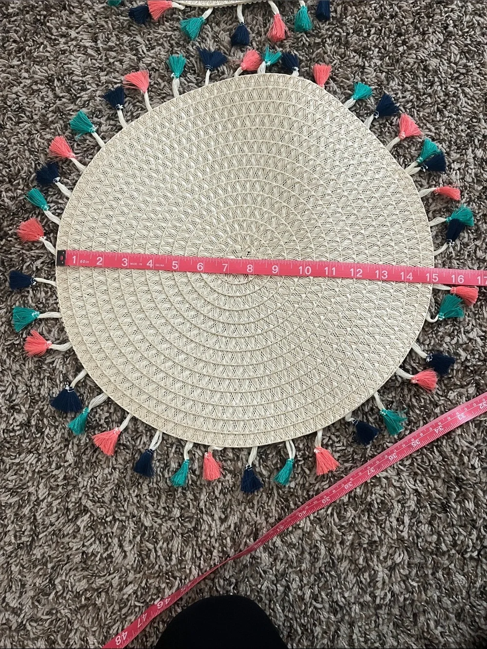 Like New- Woven Round Placemats with Pink, Teal, and Navy Tassels - Set of 4